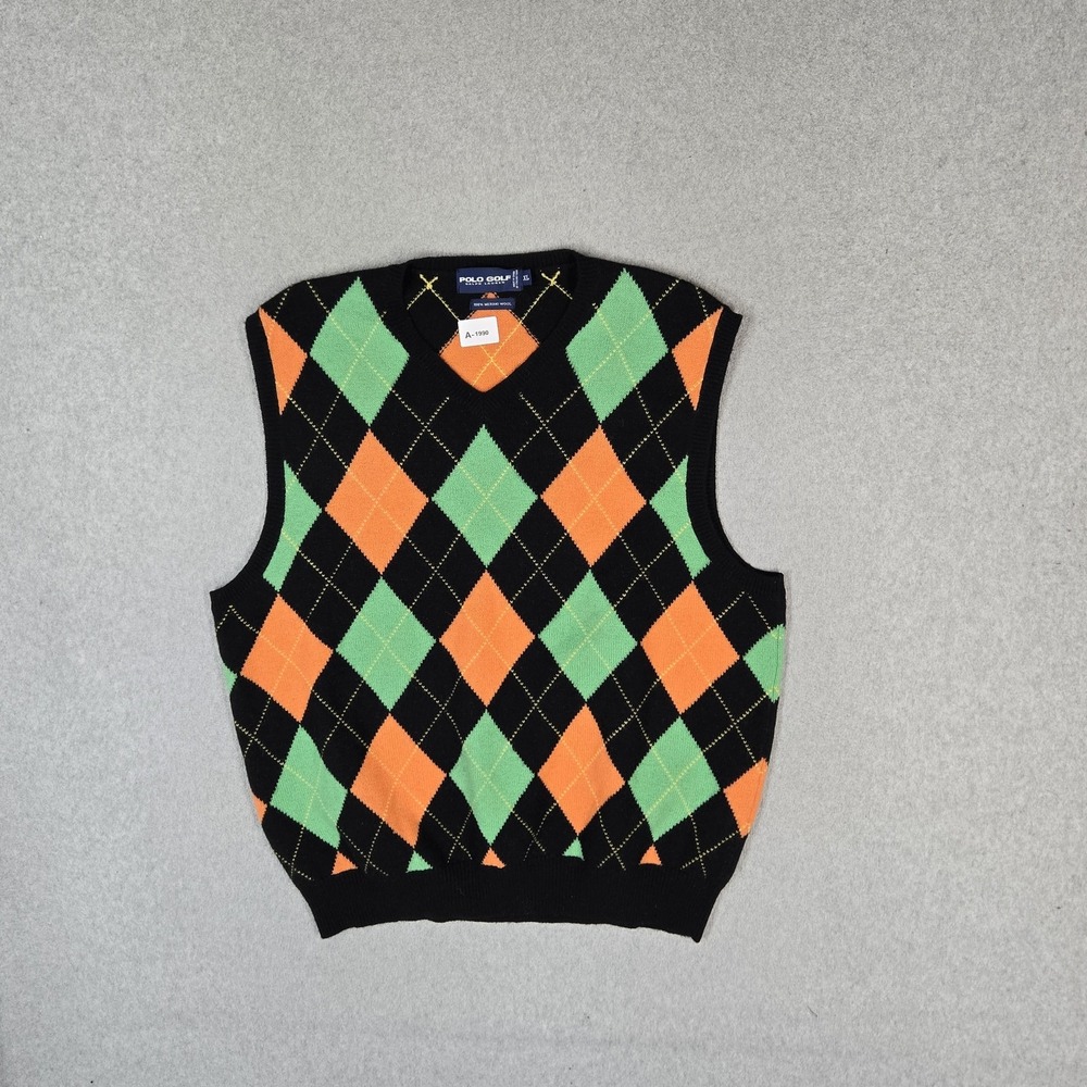 Polo Ralph Lauren Men Sweater XL Black Vest Argyle Diamond Golf Merino Wool